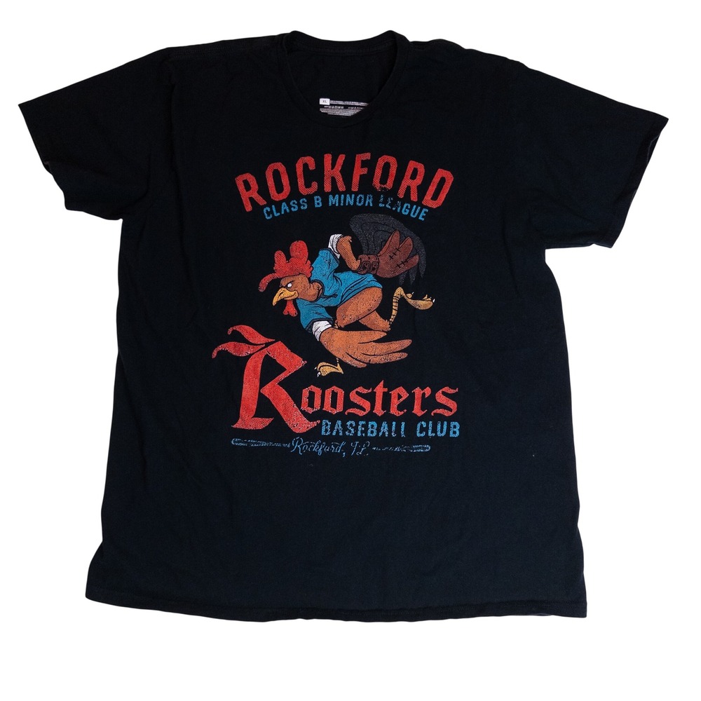 Gildan Rockford Roosters Baseball T-Shirt Mens XL Black Excellent Graphic Tee